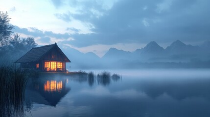 Fototapeta premium Dusk setting with a wooden house glowing by a still lake, foggy peaks in the distance adding to the peaceful ambiance.