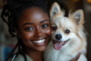 Smiling Black Female Vet with Happy White Pomeranian After Vaccination in Vet Clinic - Portrait