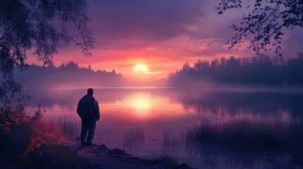 Obraz premium Early morning scene of a lone wanderer admiring the sunrise over a quiet lake, enveloped in the soft glow of dawn.