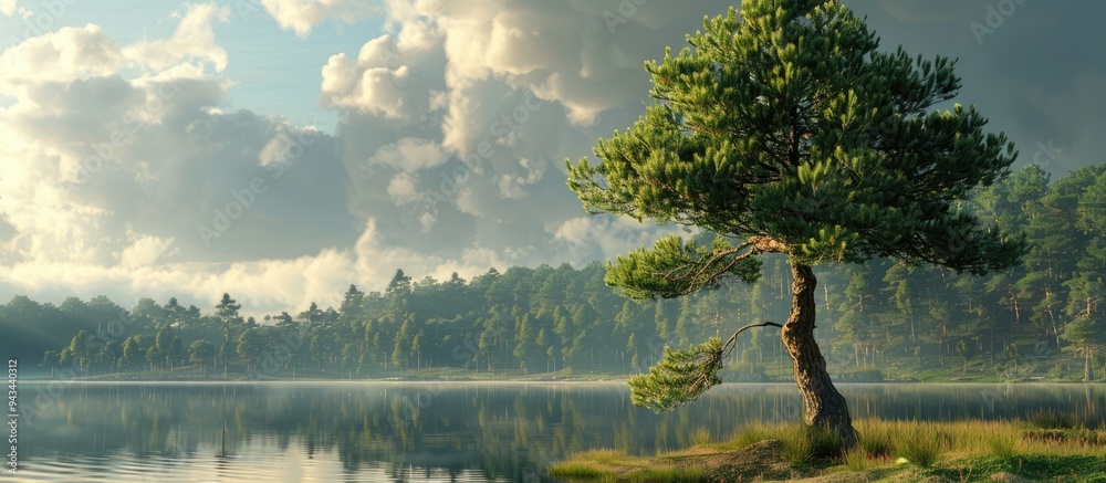 Poster scenic lakeshore featuring a large pine tree with copy space image