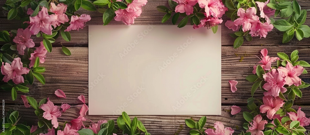 Poster Pink azalea and green basil flowers on a wooden surface with a blank paper sheet create a beautiful spring border in a top view copy space image