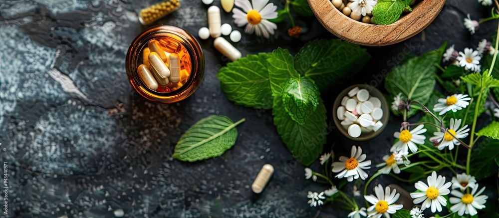 Aufkleber Flat lay view from above showing alternative homeopathic remedies herbal supplements healthcare items and pills neatly arranged in a container with an opened protective membrane creating a copy space