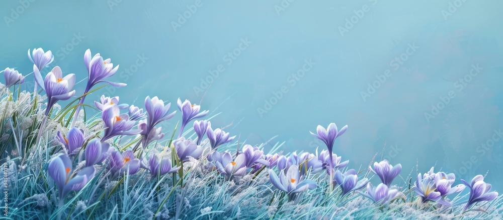 Poster A stunning display of crocus flowers set against a vivid blue backdrop creates a serene copy space image