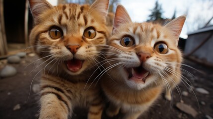 A group funny cats, Cats taking a selfie on a blurred background.