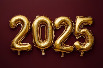Gold foil balloons shaped like the numbers 2025 isolated on background