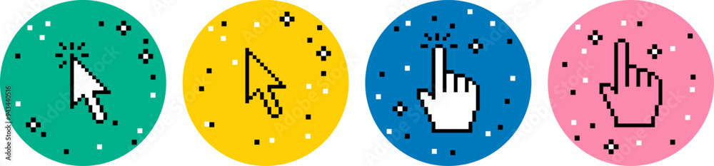Aufkleber hand click and arrow pointer cursor icon set in pixel art. y2k trendy stickers. pixel elements. mood