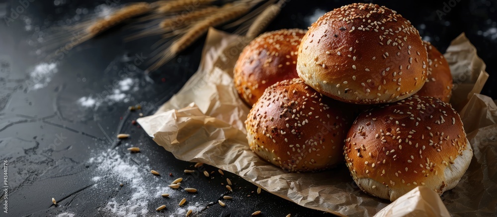 Aufkleber Delicious kaiser rolls and wheat ears on baking paper against a black background creating an appetizing copy space image
