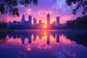 Melbourne Skyline Reflected in Albert Park Lake During a Stunning Purple Sunrise