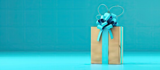 A gift box is placed inside a paper bag against a blue background with ample space for adding text or images in the empty area