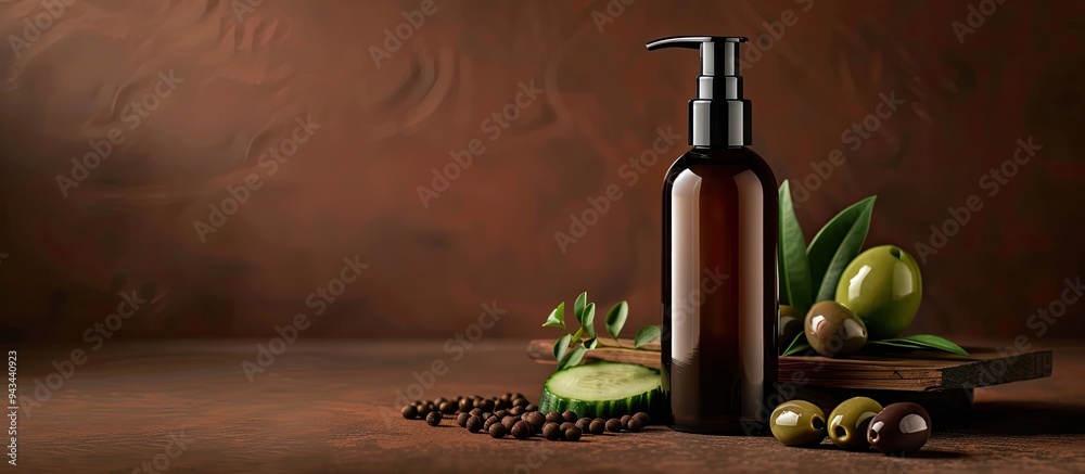 Poster Cosmetic product bottle displayed with olives and cucumber on a brown backdrop with copy space image