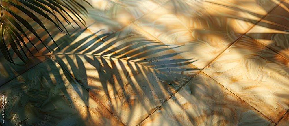 Poster morning sun creates a shadow of leaf on floor tiles with palm branches offering a high quality photo
