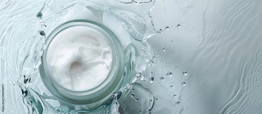 Fototapete jar filled with cream floating in water on a bright backdrop seen from above in a top view angle cre