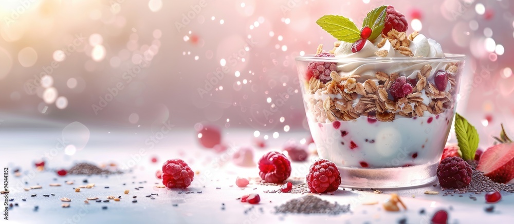Leinwandbilder a visually appealing banner design featuring a delicious dessert composed of granola yogurt chia see