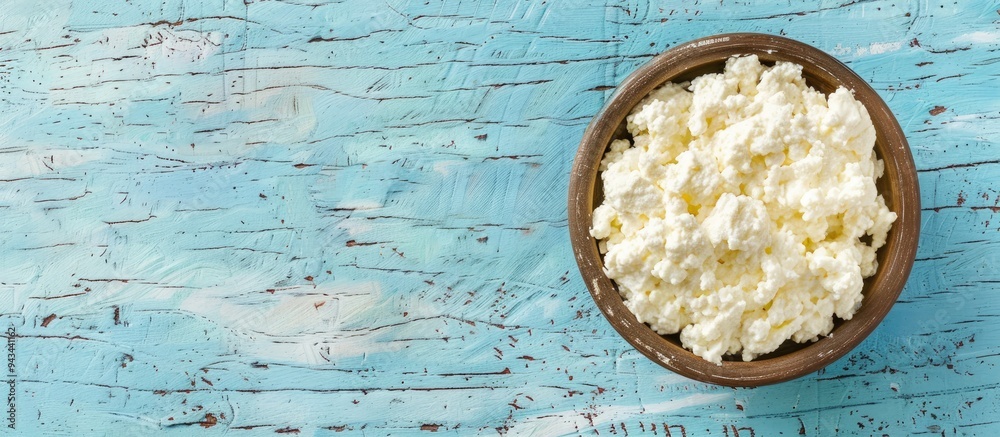 Poster top view of delicious ricotta on a pale blue wooden surface ideal for placing text in the image. cre