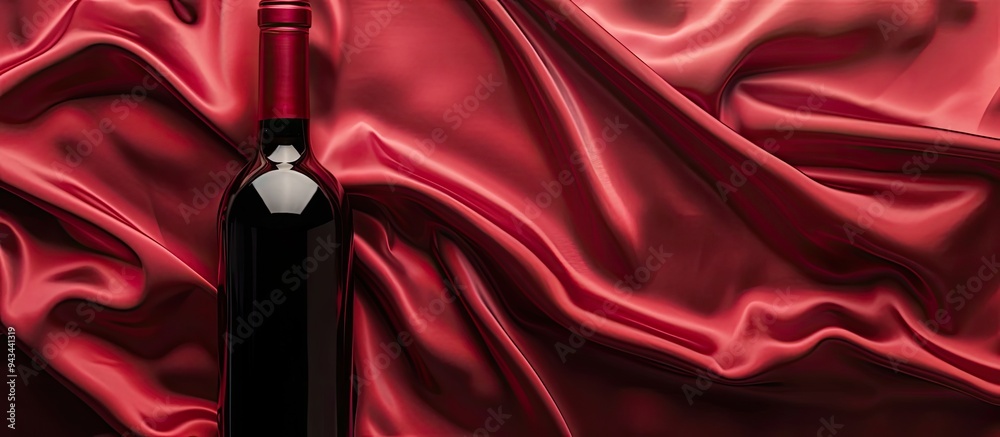 Leinwandbilder top view of a red wine bottle against a satin background with copy space image