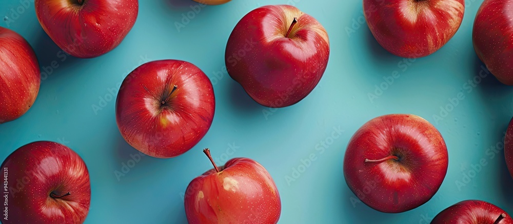 Fototapete Top view of several red apples displayed on a colorful backdrop featuring an autumn themed arrangement An apple is shown from above with copy space image for designs or text