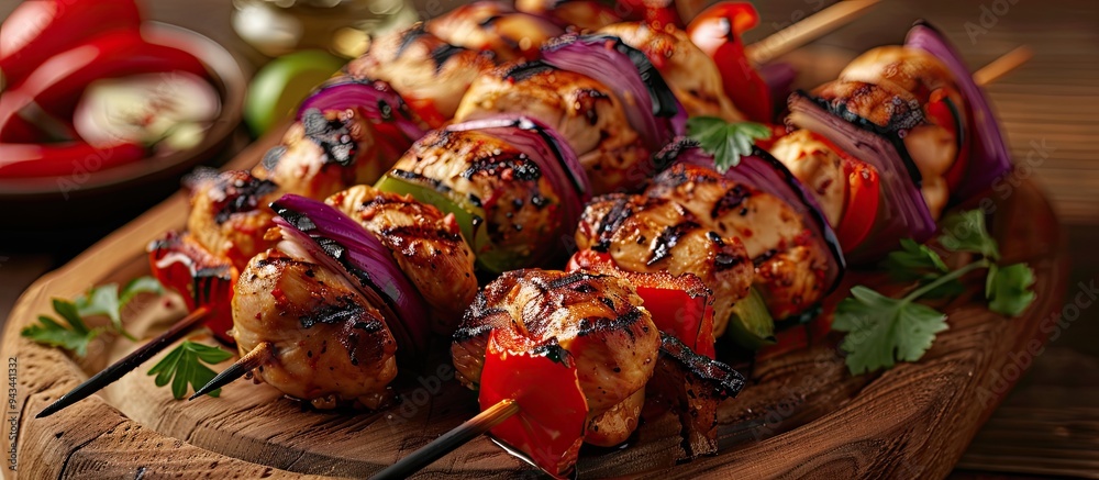 Poster Close up of chicken skewers with red bell peppers and onions on a wooden board with copy space image