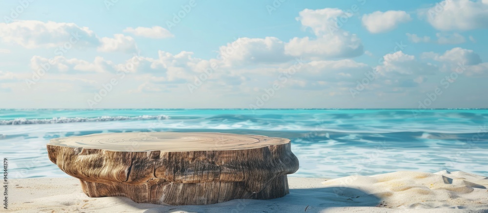 Leinwandbilder minimal abstract concept with a podium made of tree wood and stone on a realistic sandy beach backgr