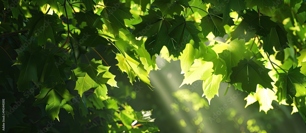 Fototapete Sunlight filtering through bright green maple leaves casting shadows with copy space image