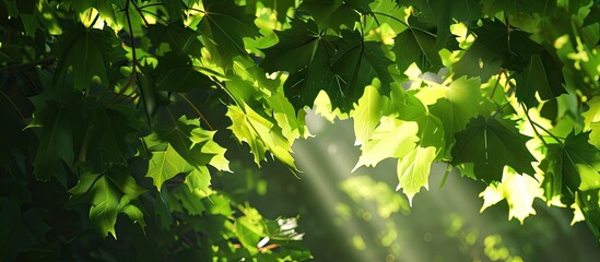 Sunlight filtering through bright green maple leaves casting shadows with copy space image
