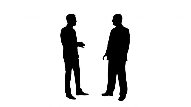 Black silhouette two businessman interacting with each other against and considerate handshake on white background. Black and white for compositing and presentation. Alpha matte isolated.