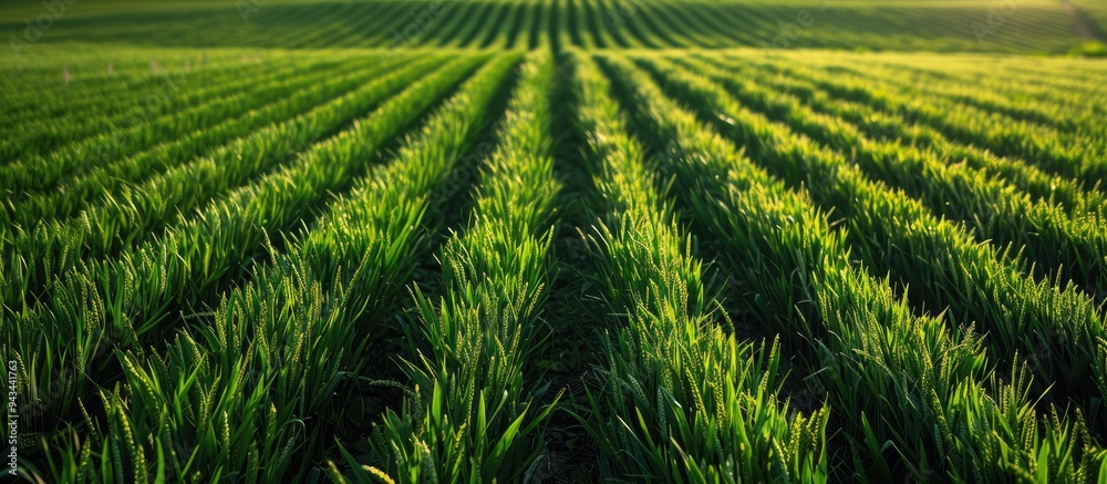 Poster fertile agricultural land with a symmetrical pattern of green cereal crop sprouts such as wheat barl