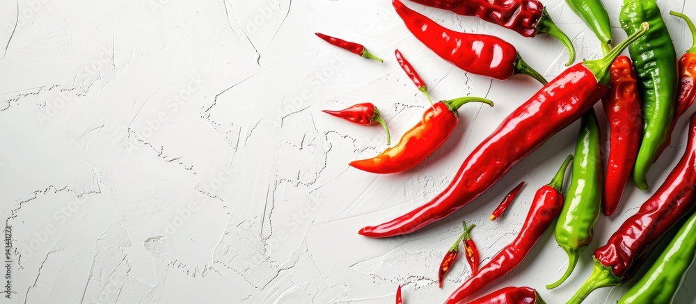 Poster Colorful green and red chilies displayed on a white backdrop with copy space image