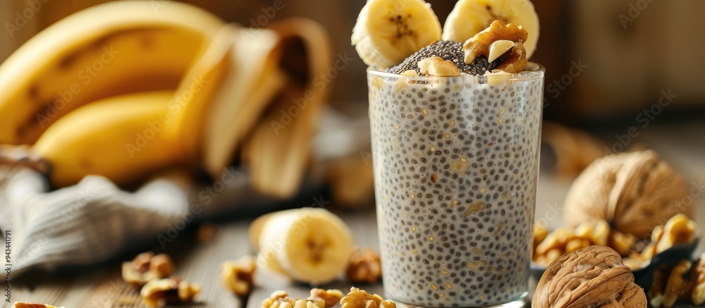 Poster web banner featuring a glass of tasty breakfast chia seeds garnished with banana slices and walnuts 