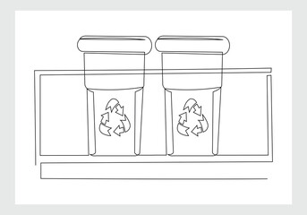 Continuous single line sketch drawing of recycle bin dustbin rubbish bin home appliance kitchenware tools one line vector illustration