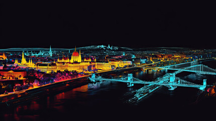 Naklejka premium Technical aerial visual, 3D LiDAR GIS aerial map satellite scan model isolated, showing Budapest, Hungary. Elevation, topography, render