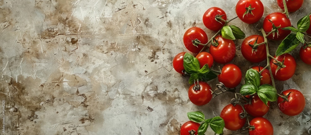 Poster A fresh arrangement of cherry tomatoes and basil on a textured surface perfect for creating tomato sauce suitable for vegans ideal for salads organic ingredients with a designated spot for text in a