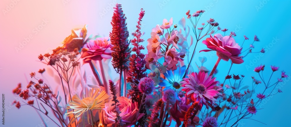 Poster floral arrangement featuring dried and artificial flowers set against a bright fluorescent backdrop 