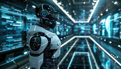 Fototapeta premium A futuristic robot surveying data center glowing server racks stretching endlessly stands in front of an array of digital screens displaying data and code, representing the next wave of AI technology.