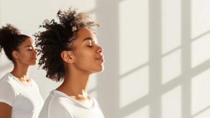 Two women meditating in a sunlit room with large windows and shadows on the wall, wearing white shirts, eyes closed, with curly hair, embracing peace and mindfulness.