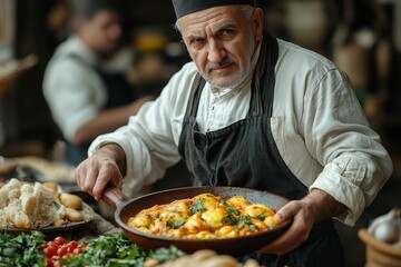 Middle-Aged Caucasian Chef Cooks Traditional Georgian Ojakhuri in Clay Pan in Rustic Daytime Kitch