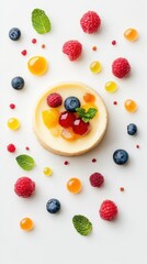 A single cheesecake with blueberries, raspberries and mint on top, surrounded by scattered blueberries, raspberries, mint, and orange-colored jelly drops on a white background.