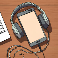 cell phone and headphones on a brown table, free time, brainstorm - Generative AI