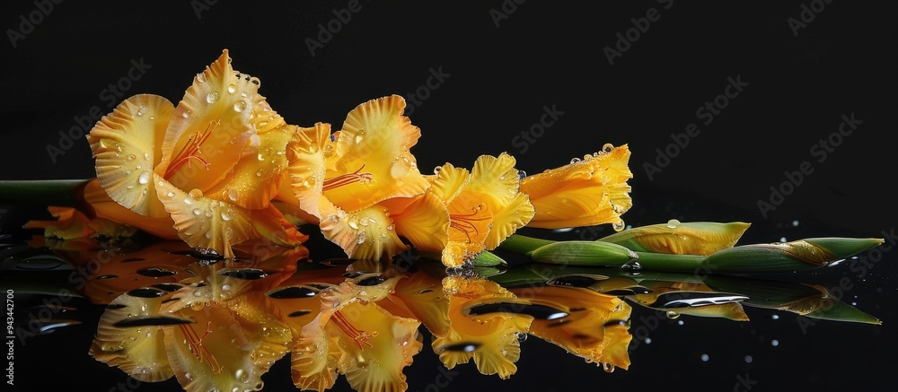 Aufkleber a beautiful yellow gladioli stem with water droplets displayed on a reflective black background idea