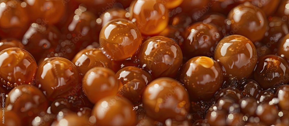 Aufkleber A close up image displays caramel balls used in bubble tea preparation with ample copy space