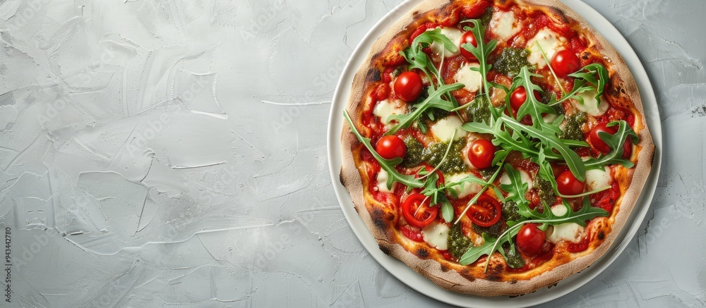 Aufkleber top down view of roman pizza topped with mozzarella tomatoes pesto and fresh arugula on a gray backd