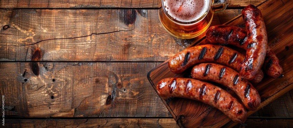 Poster Top down view of grilled sausages and a glass of beer on a wooden table with a clear area for additional content in the image