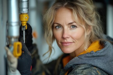 Middle-Aged Woman Reinstalls Rain Gutter Downspout with Screwdriver After Cleaning: Home Maintenan