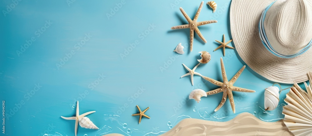 Poster summer vacation concept with a sea travel theme showcased in a flat lay setup featuring a copy space