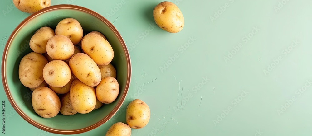 Poster top view of a bowl filled with fresh raw potatoes on a green background featuring copy space image