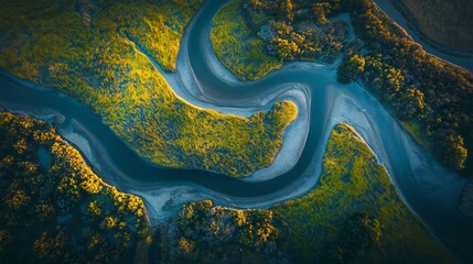Aerial View of Winding River Through Lush Green Grass