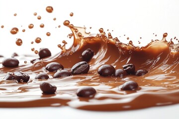 Milk and Brown Coffee Liquid Swirl, Splash, Bubbles, Falling Beans on Transparent PNG Background