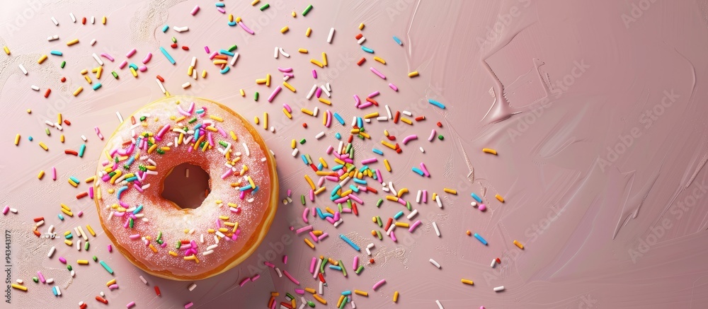 Poster colorful donut sprinkles pattern on textured background with space for text. creative banner. copysp
