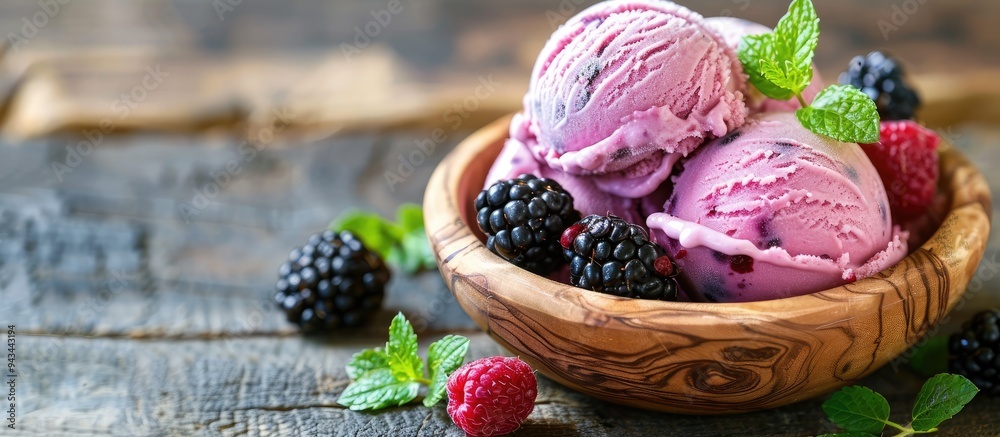 Aufkleber a summer dessert showcasing blackberry ice cream in a rustic wooden bowl adorned with fresh berries 