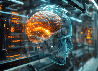 Digital representation of a human brain within a translucent head is displayed on futuristic backdrop in a high-tech laboratory, showcasing advancements in neuroscience and artificial intelligence.