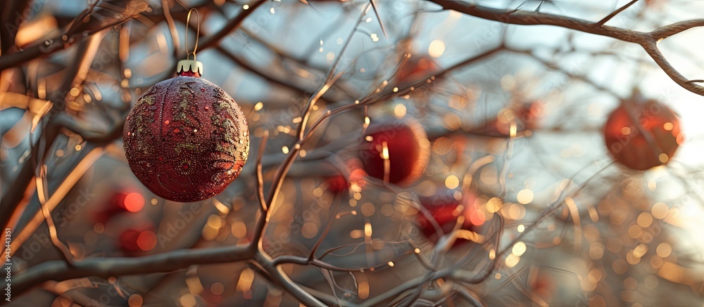 Poster Christmas balls adorn leafless deciduous trees creating a festive ambiance in the copy space image